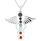 BEADNOVA 7 Chakras Healing Pointed Crystal Chakra Reiki Angel Wings Gemstone Pendent Necklace Stainless Steel Chain 18