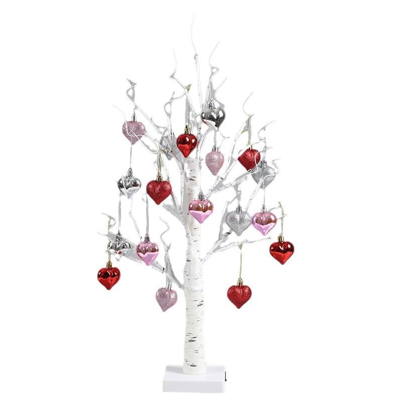 Photo 1 of 24 Inch Lighted White Birch Tree | Valentines Day Tabletop Decor with Hanging Hearts, Timer & Dual Power (USB/Battery) for Holiday Home Decor
