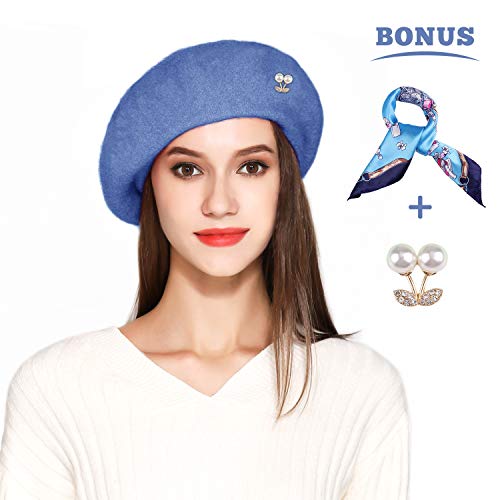 Jeicy Wool Beret Hat Solid Color French Artist Beret Skily Scarf Brooch (Sky Blue)