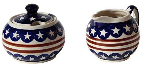 Polish Pottery Sugar Bowl and Creamer From Zaklady Ceramiczne Boleslawiec #694/711-81 Classic Pattern, Sugar Bowl: Height: 3.7" Creamer: Height: 3.4" - Thumbnail 2