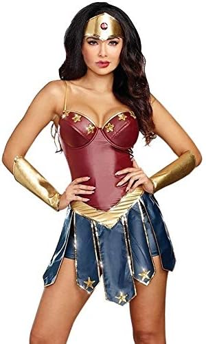 Halloween Adult Faux Leather Wonder Woman COS Clothing Sexy Dress, Suitable For Halloween Costume Party, Birthday Party And Various Parties,M