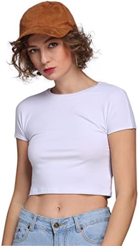 Payeel Women's Short Sleeve Round Neck Crop Top Casual Solid Basic Tee (Medium, White)