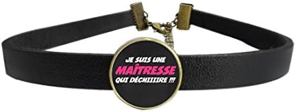 WAZZIT Vintage Choker Neck Collar je suis sune maitress qui dechiiire Goth Punk Leather Necklace with Glass Pendant