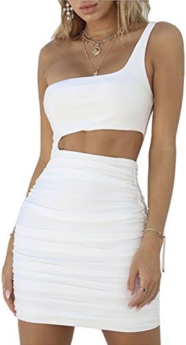 Antopmen Women Sexy One Shoulder Cold Shoulder Sleeveless Cutout Club Dress Bodycon Mini Dress