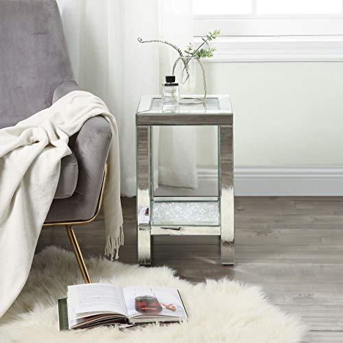 Mirrored End Table with Crystal Inlay, Square Modern Side Table Silver