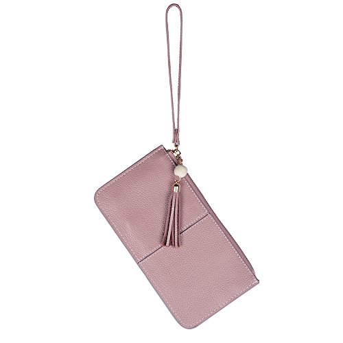 Lovena Soft Genuine Leather Wristlet Smartphone Zipper Wallet Organizer Tassel Wristlet with Credit Card Holder/Cash pocket/Wrist Strap for Women/ Girls- Vintage Carnation Pink