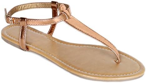 Women's T Strap Thong Gladiator Strappy Jelly Shiny Flat Flip Flops Sandals (8, Rose Gold)