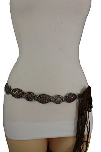 TFJ Women Fashion Brown Tie Belt Bohemian Vintage Silver Metal Charms Red Flower S M