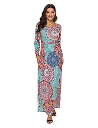 Vestidos largos para mujer Vestido informal de manga larga estampado floral con bolsillos 10006