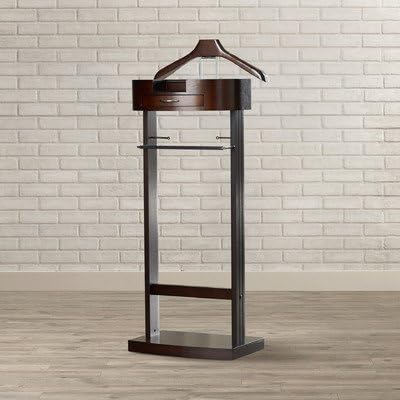 Freestanding Valet Stand For Men, Made From Quality Wood In Dark Walnut Finish, Includes Pull Out Drawer, Large Tray Compartment, Two Tie And Belt Bars And Three Prong Outlet For Charging Your Phone