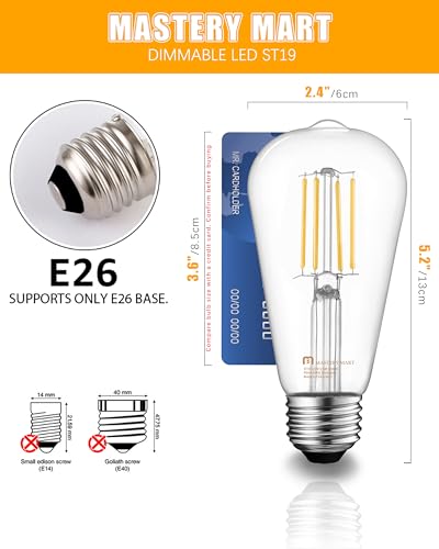 Mastery Mart Dimmable Vintage Edison Light Bulbs, Pack of 10, 2700K Soft White, 5.5W, Equivalent 60W, E26 LED Bulb with 90+ CRI, ST19/ ST58 Clear Glass Antique Filament Edison Style