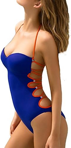 Adrainy Women's Brazilian Sexy Lace Up Bandage Swimsuit Bathing Suit One Piece Monokini Swimwear Blue(M)