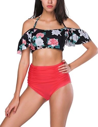 PARTY LADY Two Piece Women's Halter Off The Shoulder Flounce Swimsuits High Waisted Bikini Sets Size L Black&amp;Red