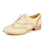 Susanny Women Classic Modern Sweet Low Heel Lace Up Carving Wingtip PU Brogue Oxfords Dress Shoes