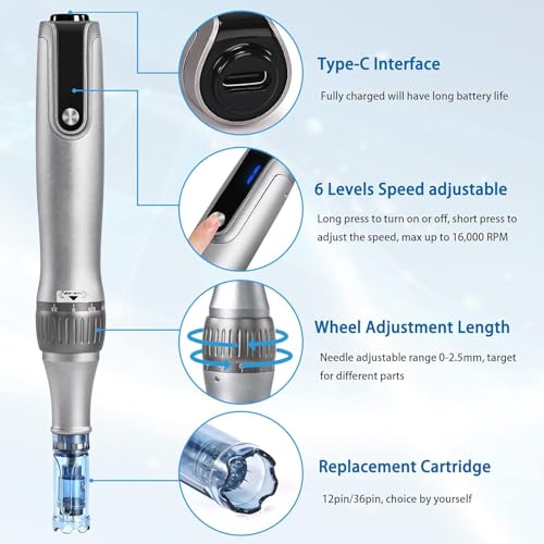 Microneedling Pen M8S, Professional Dr.pen Wireless Dermapen with 6pcs 12PIN 36PIN Replacement Cartridges Needles, 6 Speed Levels 0.25-2.5mm Adjustable