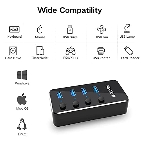Powered USB Hub RSHTECH Aluminum 4-port USB 3.0 Hub with 5V/2A Power Supply and Individual On/Off Switch (Black) - Image 5