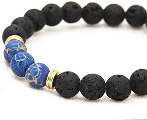 LOLOJ Boho Lava Rock Blue Sea Sediment Jasper Gemstone Energy Yoga Beaded Stretch Bracelet Mens Womans