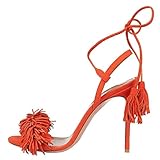 Comfity Women's Relia Open Toe Tassel Fringed Ankle Ties High Heels Wedding Party Dress Lace Up Sandals