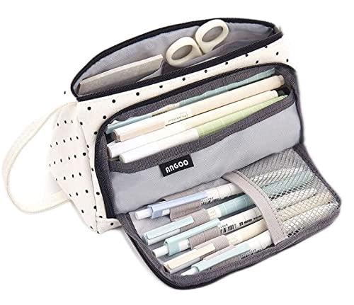 Hillento Large Capacity Colored Canvas Storage Pouch Marker Pen Pencil Case, Pen Organizer with Color Zipper, Two Different Open Method, School and Office Supplies, Turmeric Dots
