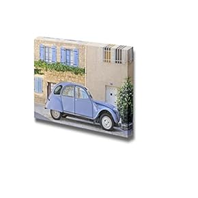 Classic French Provincial Village Scene Featuring Blue Car and Old Buildings with Shutters - Canvas Art Wall Art - 12" x 18"