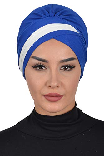 Instant Turban Cotton Scarf Head Wrap Cancer Chemo Headwear Two Colr Blue Ivory