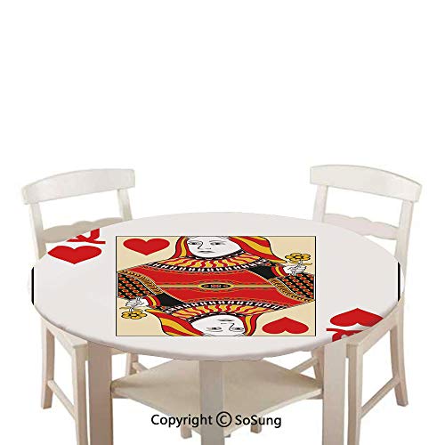 Elastic Edged Polyester Fitted Table Cover,Queen of Hearts Playing Card Casino Decor Gambling Game Poker Blackjack Deck,Fits up 56"-66" Diameter Tables,The Ultimate Protection for Your Table,Red Yello - Thumbnail 2