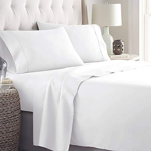 EVOLIVE Ultra Soft Solid Premium Brushed Microfiber 4 Piece Sheet Sets Including 1 Flat Sheet, 1 Fitted Sheet, and 2 Pillow Cases (White, Queen)