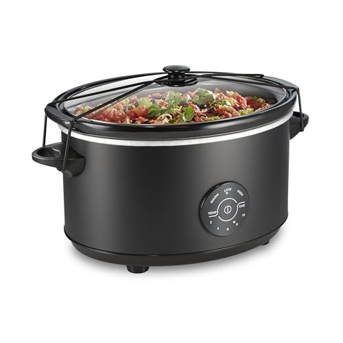 Hamilton Beach 7 Quart Set & Forget Portable Programmable Slow Cooker, 15 Cooking Options With 5 Time and 3 Heat Options, Large Dishwasher Safe Stoneware Crock and Glass, Lid Latch, Black (33670)
