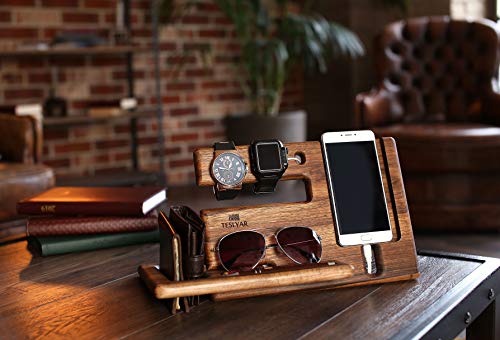 Natural Walnut Wood Phone Docking Station Key Holder Wallet Stand Magnetic Watch Charger Slot Organizer Men Gift Husband Wife Anniversary Dad Birthday Nightstand Tablet Father Graduation Travel Idea