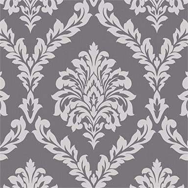 Fine Decor Bamburgh Damask Black Luxury Textured Vinyl Wallpaper Glitter Accents.