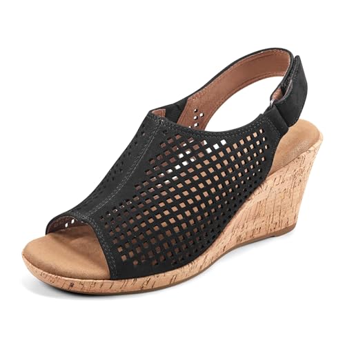 Rockport womens Briah Perf Sling Wedge Sandal, Black Nubuck, 5.5 Wide US