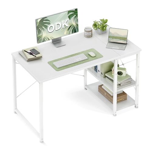 ODK Desk with Storage, 100 x 48 cm Computer Desk with Height-Adjustable and Reversible Shelf, Stable Computer Table for Telework Gaming Students, White