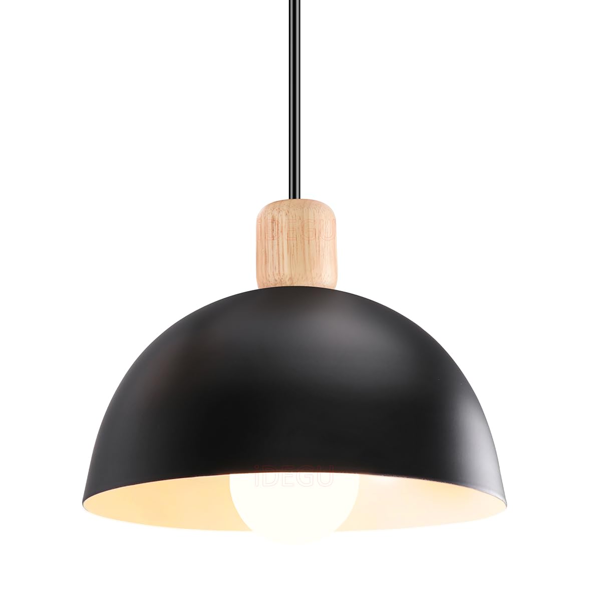 iDEGU 20cm Retro Pendant Light E27 LED Ceiling Light Modern Scandinavian Style Hemisphere Hanging Lampshade Metal Wood Pendant Light Fixture for Bedroom Dining Room Kitchen Restaurant (Black) — image 1
