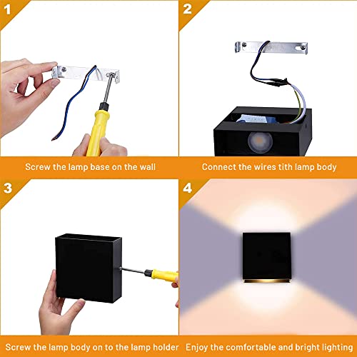 CHEVVY 2 x 7W LED Wall Light Modern Indoor Warm White Light 3000K Square Black for Bedroom, Living Room, Colonnade, Garden