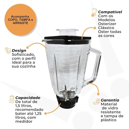 Jarra de Vidro com Tampa para Liquidificadores Osterizer Clássicos e Lâmina Arraste Conjunto Completo