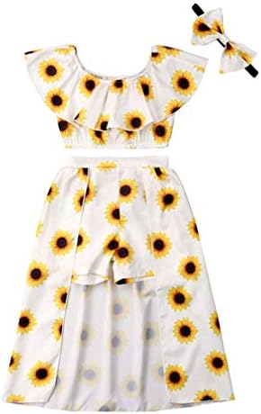 Baby Girls' Sunflower Print Ruffles Off-Shoulder Tops with Shorts Dress Skirts Headband Sets Outfits Clothes