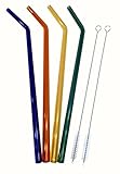 Teenie Greenie Extra Long Bent Glass Straws 12 in x 9.5 mm, 4 Pack, Shatter Resistant, Pyrex-Glass + 2 Cleaning Brushes -No BPA-, Non-Toxic, Reusable, Eco-Friendly, 4 Fun Colors