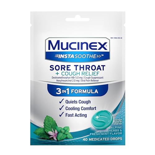 MUCINEX INSTASOOTHE SORE THROAT + COUGH RELIEF ALPINE HERBS & MINT FLAVOR, FAST ACTING, COOLING COMFORT, POWERFUL SORE THROAT ORAL PAIN RELIEVER, 40 MEDICATED DROPS