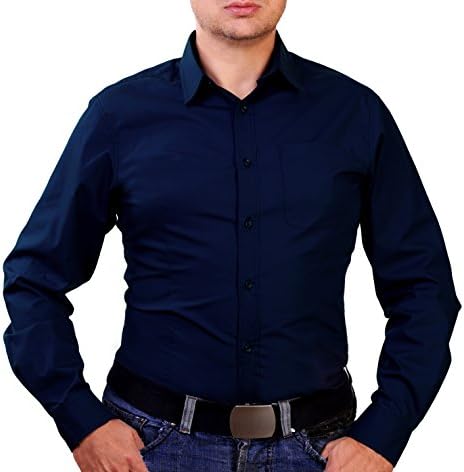 ELIR Men`s Casual 100% Cotton Long Sleeve Slim Regular Fit Button Down Dress Shirt (Medium, Navy Blue)