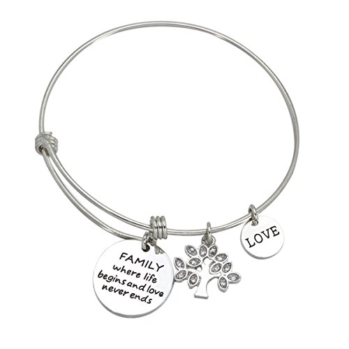 Udobuy Expandable Family Tree Charm Bangle - Family Where Life Begins and Love Never Ends and Love Inscriptions Bracelet