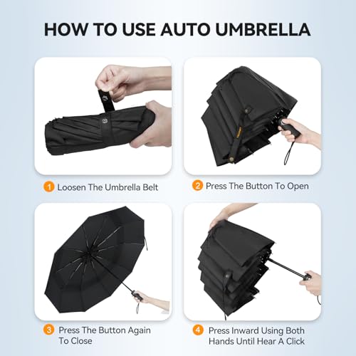 TECKNET Windproof Umbrella - Strong Compact Travel Automatic, Large Wind Resistant with 10 Ribs, Folding Lightweight Golf Automatic for Rain