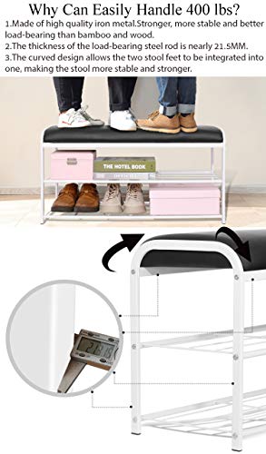 WillingHeart Shoe Bench Rack Entryway with Faux Leather Seat Holds Up to 400Lb,2 Tiers Iron Storage Organizer Shoe Shelf Industrial Stand End Bed Stool for Hallway Bedroom Living Room Corridor Mudroom - Thumbnail 2
