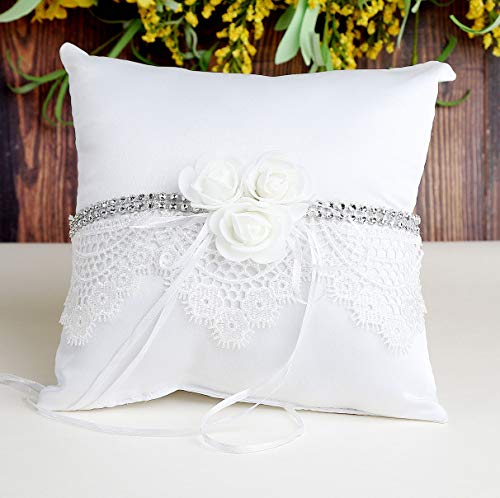 image for Qingbei Rina Bridal Wedding Ring Pillow with White Rose Lace for Weddi