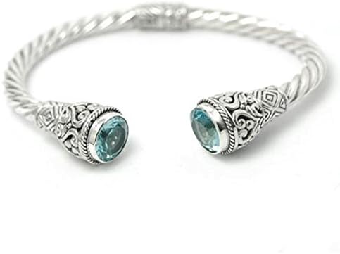 BluSilver 925 Sterling Silver Hinged Twisted Cable Cuff Bracelet Filigree Semiprecious Stone End Caps (Blue Topaz)