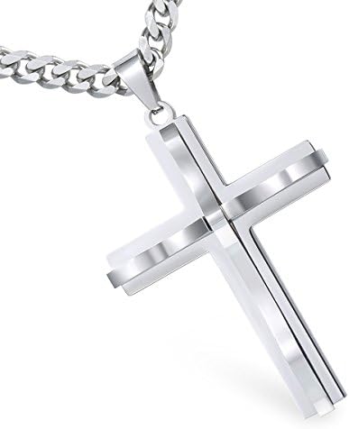 Davieslee Mens Chain Curved Cross Pendant Necklace Stainless Steel Curb Cuban Link Silver Tone 22inch