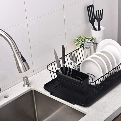 Black Kitchen Dish Drying Rack with Black Drain Board for Plates, Forks&Knife and Cups