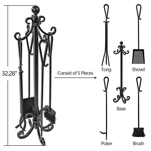 Amagabeli 5 Pieces Scroll Fireplace Tools Set Black Cast Iron Toolset