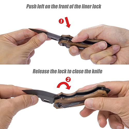 Flissa Mini Folding Pocket Knife, 2.5-Inch Stainless Steel Drop Point Blade, EDC Pocket Knives for Men with Bottle Opener and Glass Breaker (Wood)