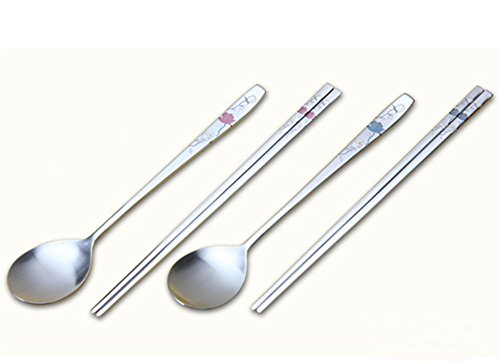 2 Set Of Korean Stainless Steel Spoons And Chopsticks Flower Pattern