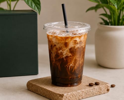12oz 100 PCs Disposable Plastic iced coffee cups with lids and straws. Clear Disposable Plastic cups for Cold drink, iced coffee, Milkshakes, Smoothies, Juices. Eco friendly BPA free.